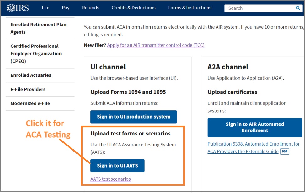 IRS ACA 1095 testing link