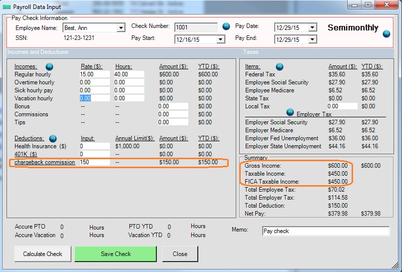 new check with charge back deduction