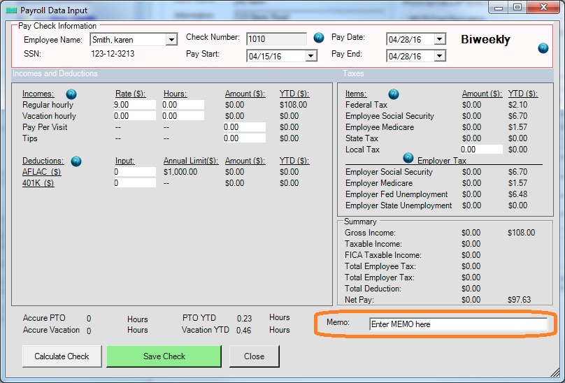 enter paycheck memo