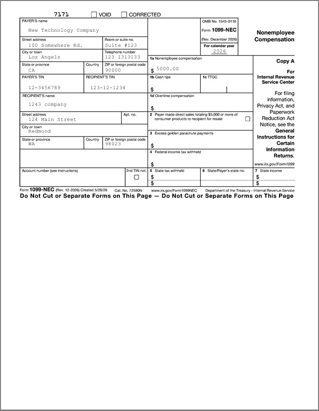 1099-NEC copy A 2 forms per sheet