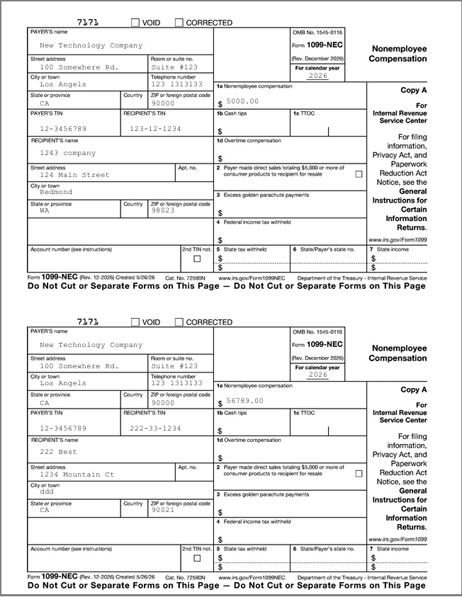 1099-NEC copy A 2 forms per sheet