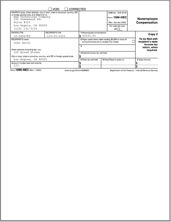 1099-NEC recipient copy, one form per sheet
