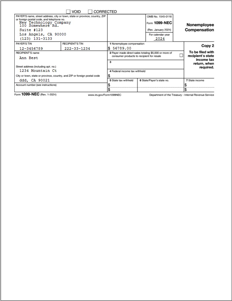 1099-NEC recipient copy, one form per sheet