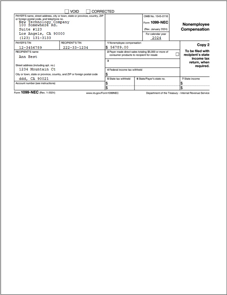 Sample 1099 NEC Forms Printed EzW2 Software