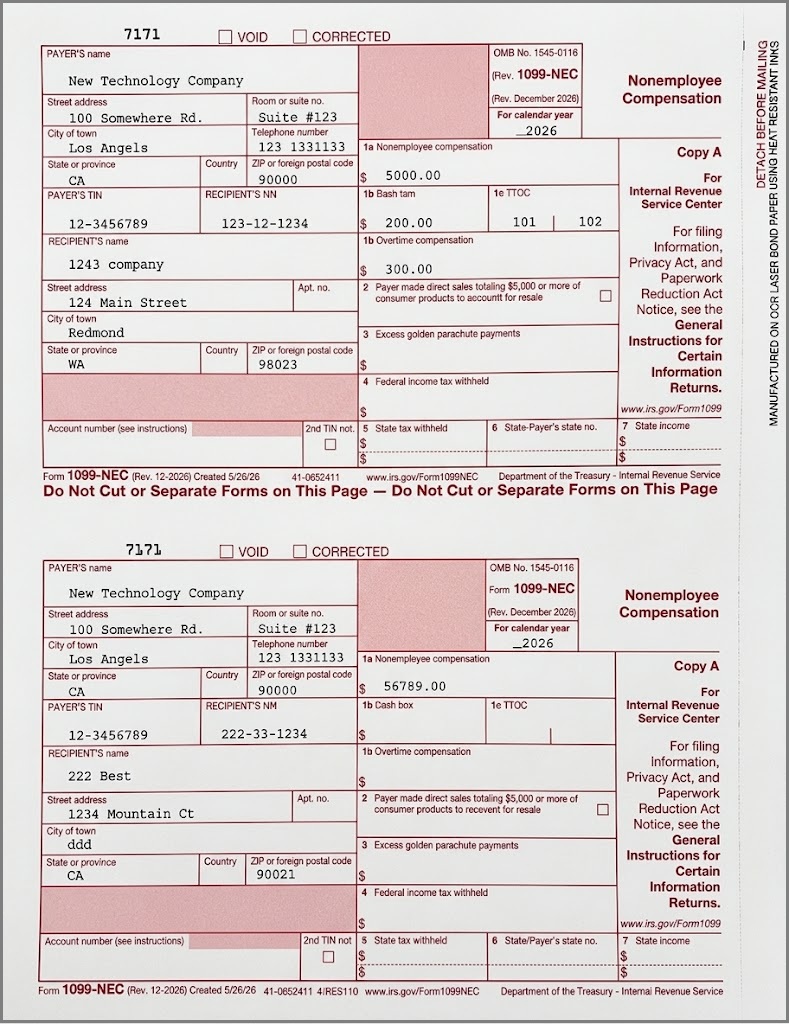 1099-NEC IRS copy on red form