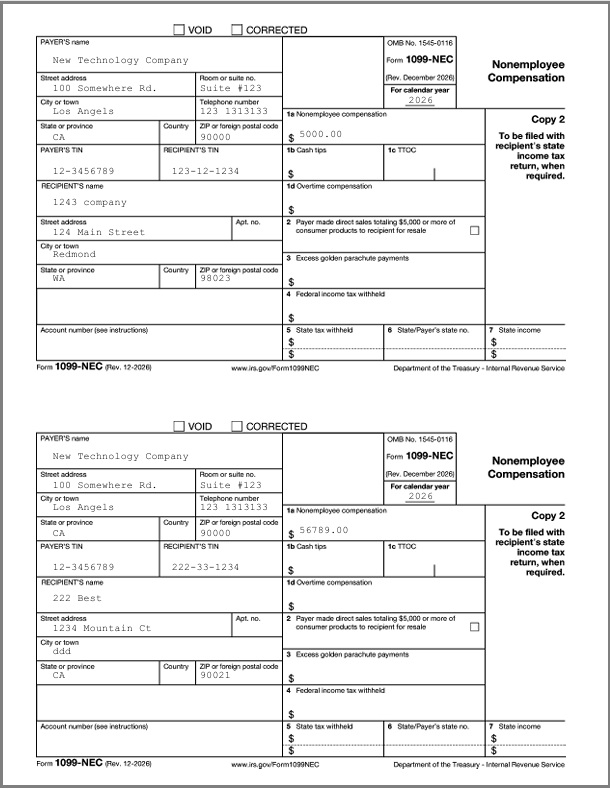 1099-NEC recipient copy, 2-form-per-sheet