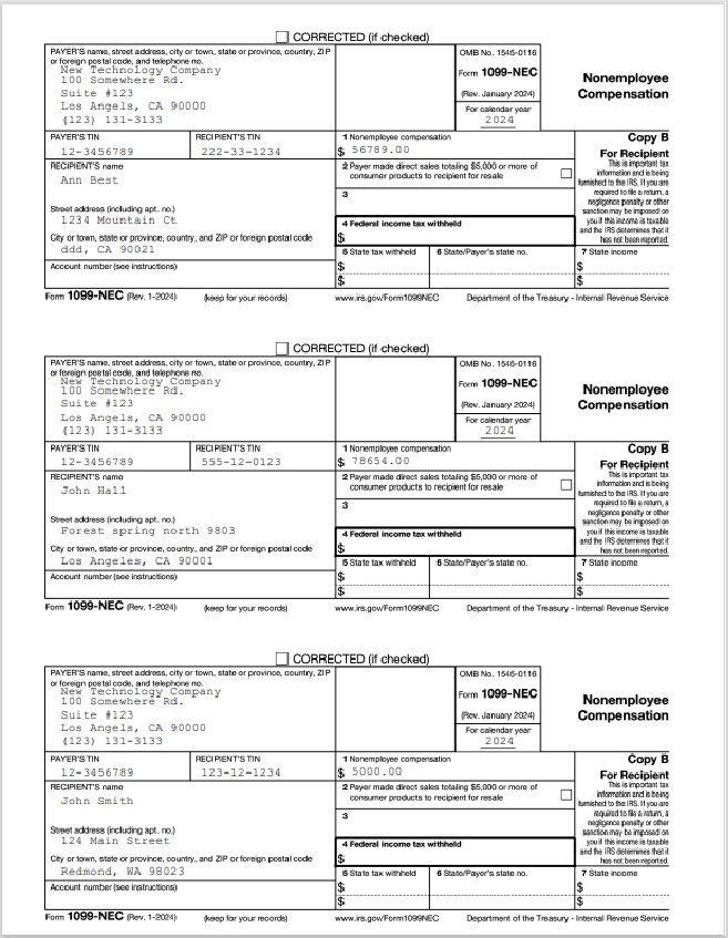 1099-NEC recipient copy, 3-form-per-sheet