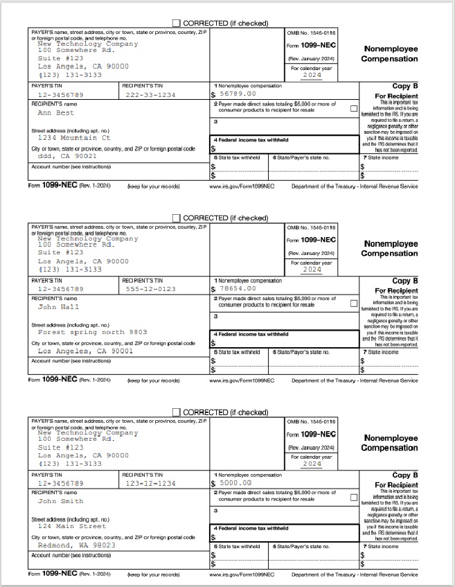 1099-NEC recipient copy, 3-form-per-sheet