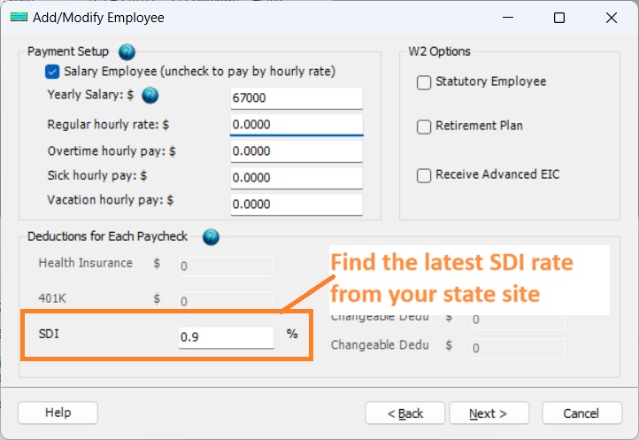 set employee SDI rate