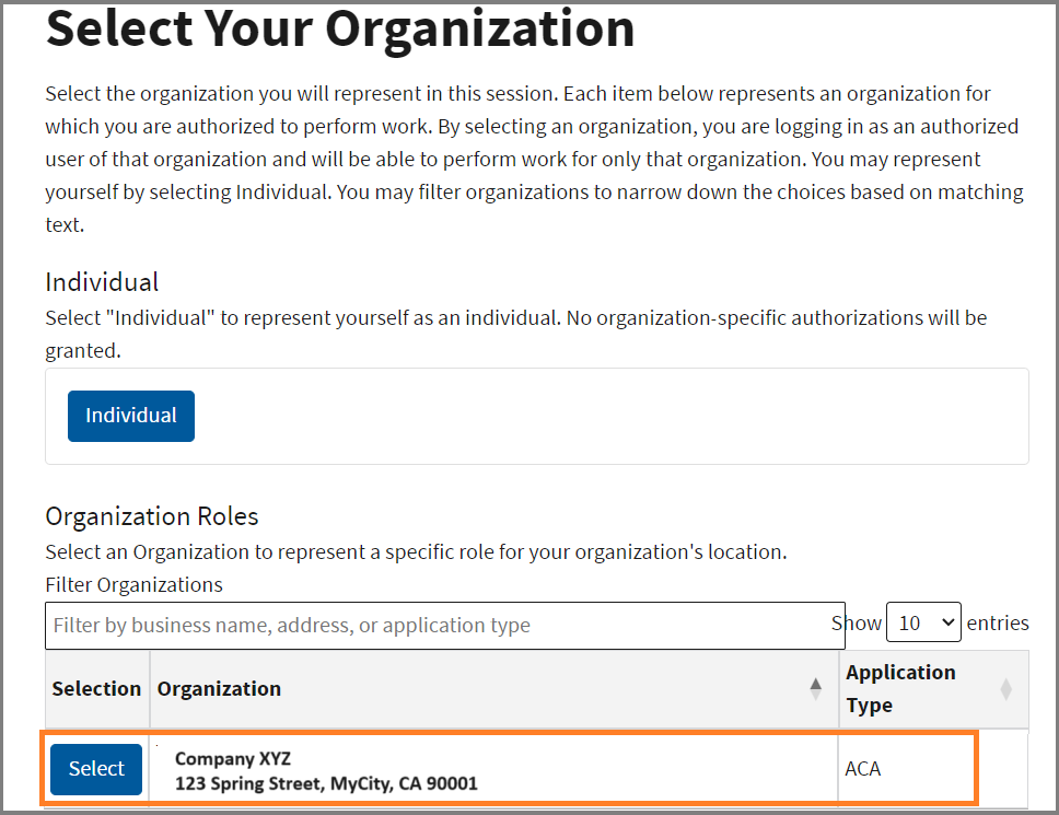 select ACA account