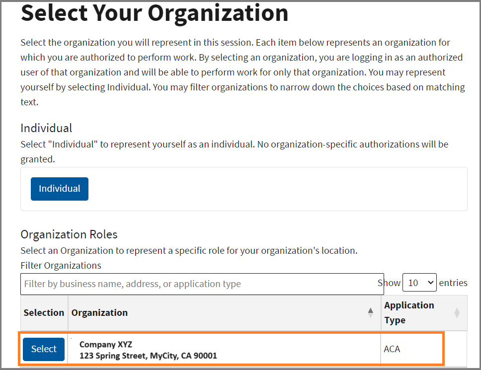 select organization