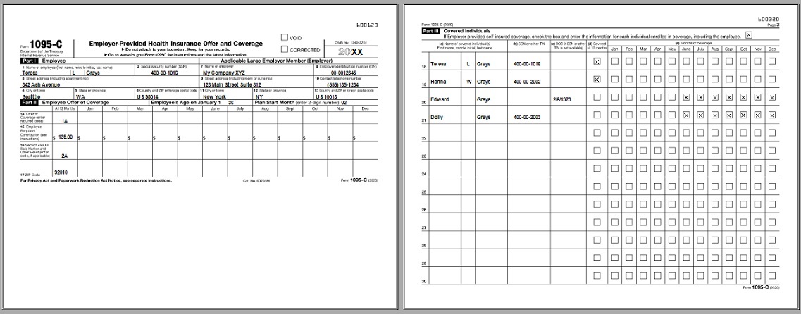 sample Year 2020 1095 C form printed by ez1095 software