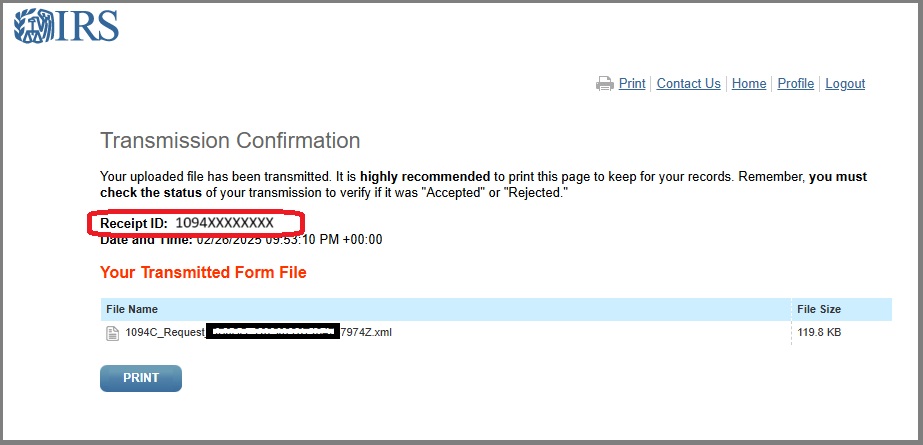 1095 submission receipt ID
