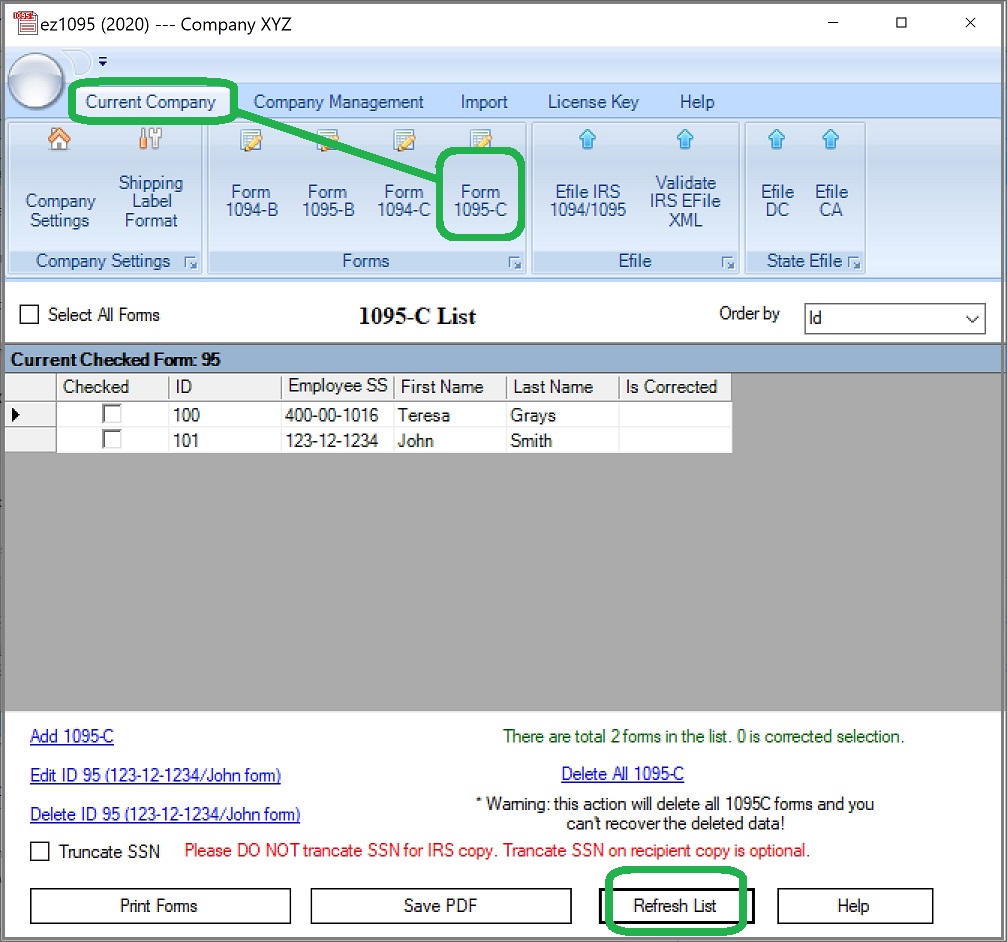 refresh 1095-C form list