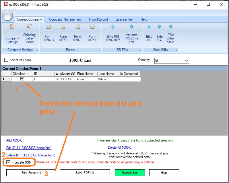 select truncate SSN when printing 1095-C form