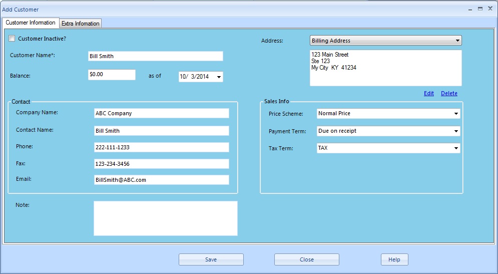 accounting system customer setup screen