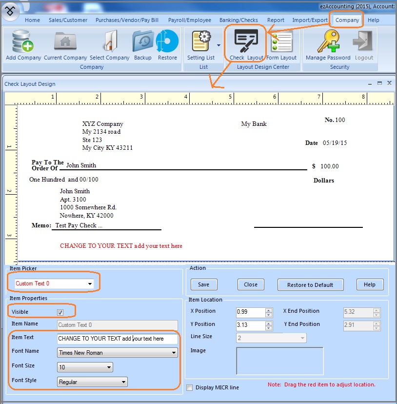 customized check layout with extra text field