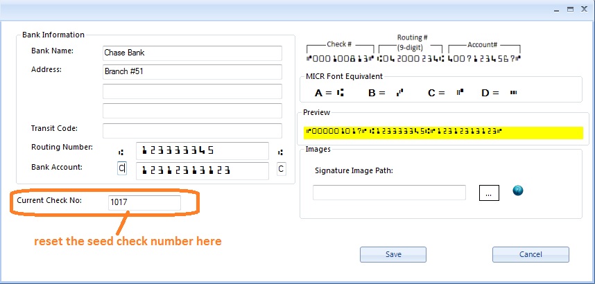 reset current check number