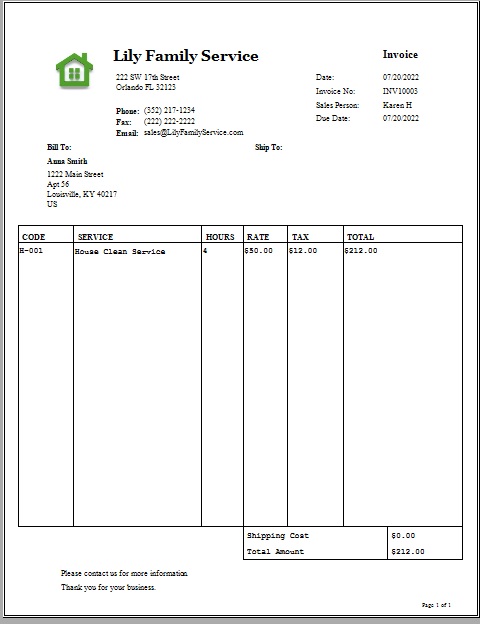 sample invoice for service company