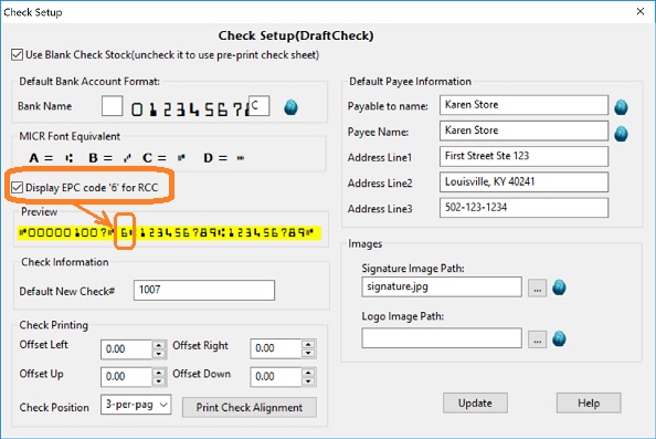 set up draft check with EPC code