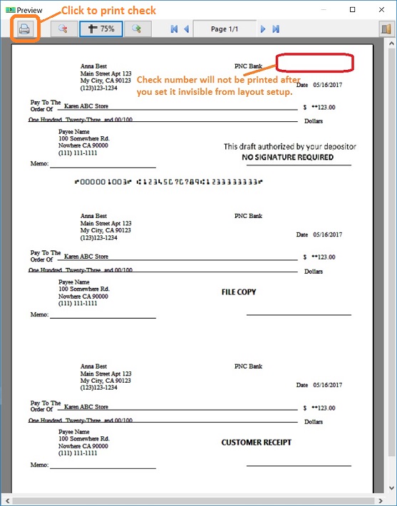 print check draft without check number 