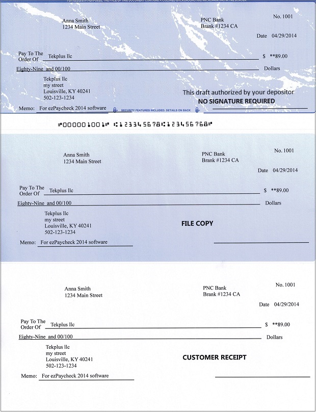 Sample Check Draft Printed by ezCheckDraft Software