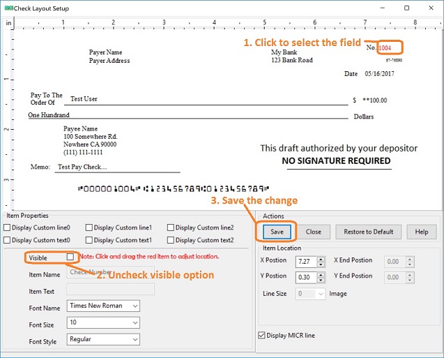 customize draft check layout  to hide check number