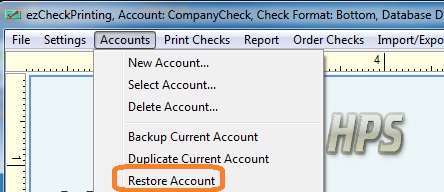 ezCheckPrinting data restore menu