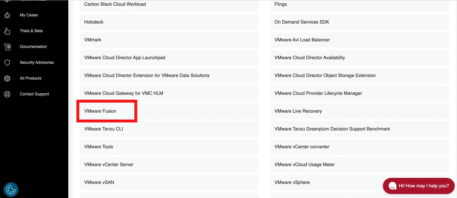 Broadcom download vmware fusion in list of products