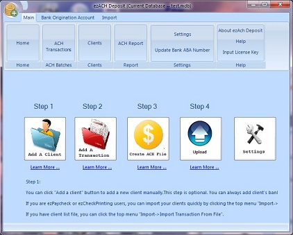 ACH deposit software main page