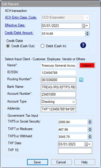 add new transaction to pay IRS