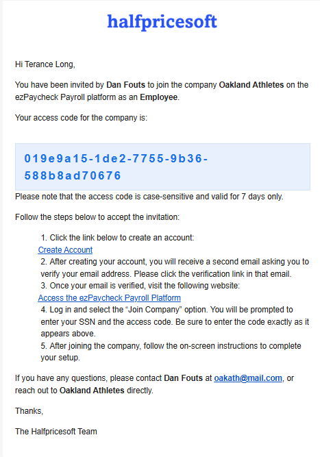 email that includes access code to join company