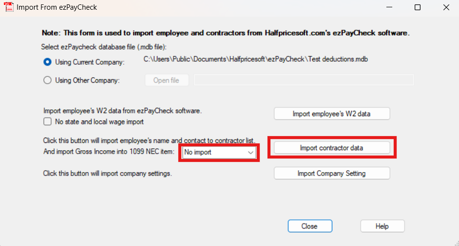 import 1099 data from ezPaycheck in ezW2
