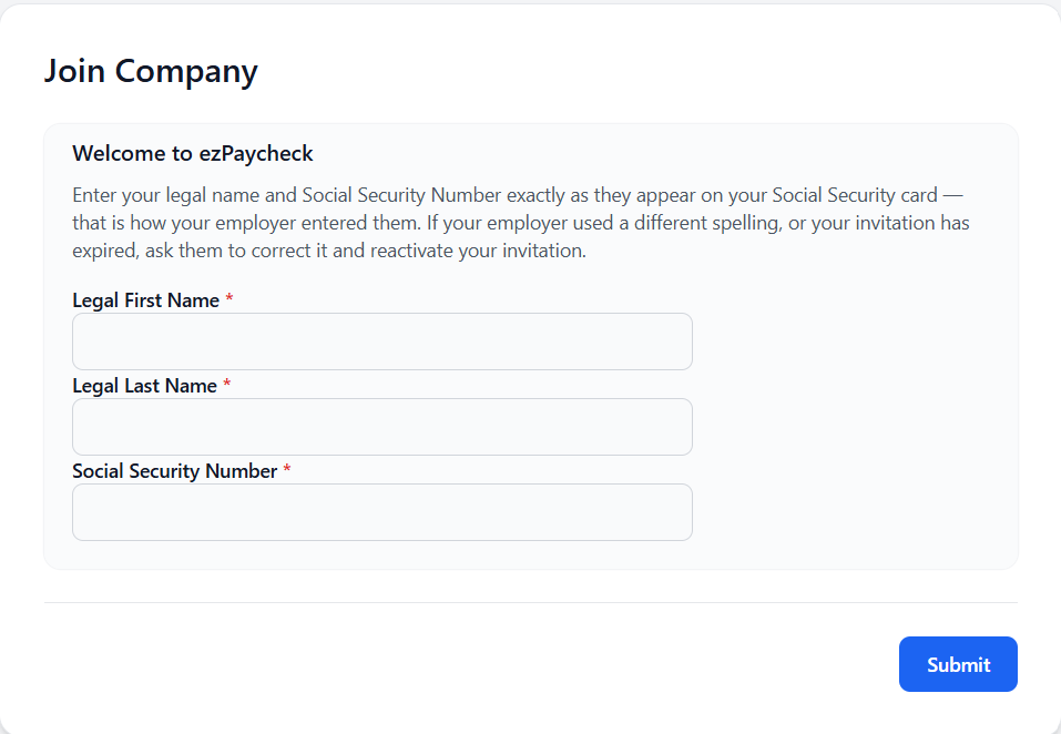 employee set up invite code and SSN