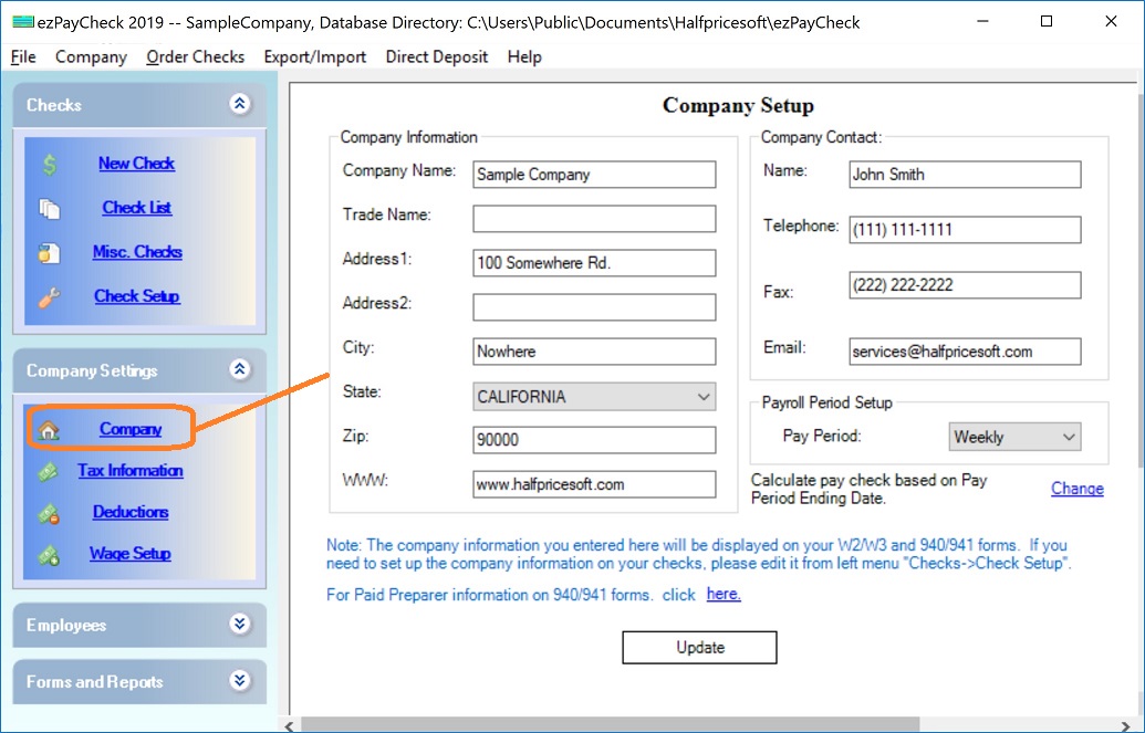 payroll system company setup screen