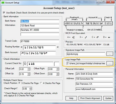 Check Printing, check writing software bank setup