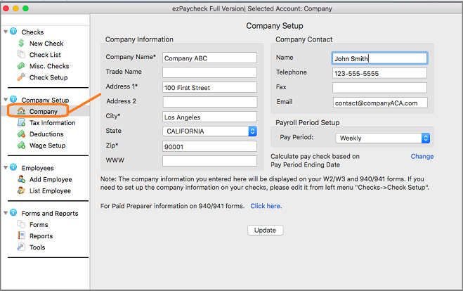 payroll system company setup screen