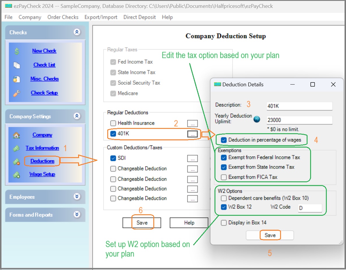 edit the tax options of 401K deduction