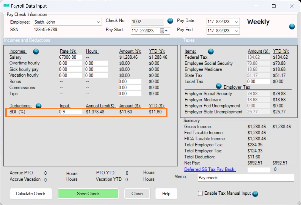 add paycheck with SDI deduction