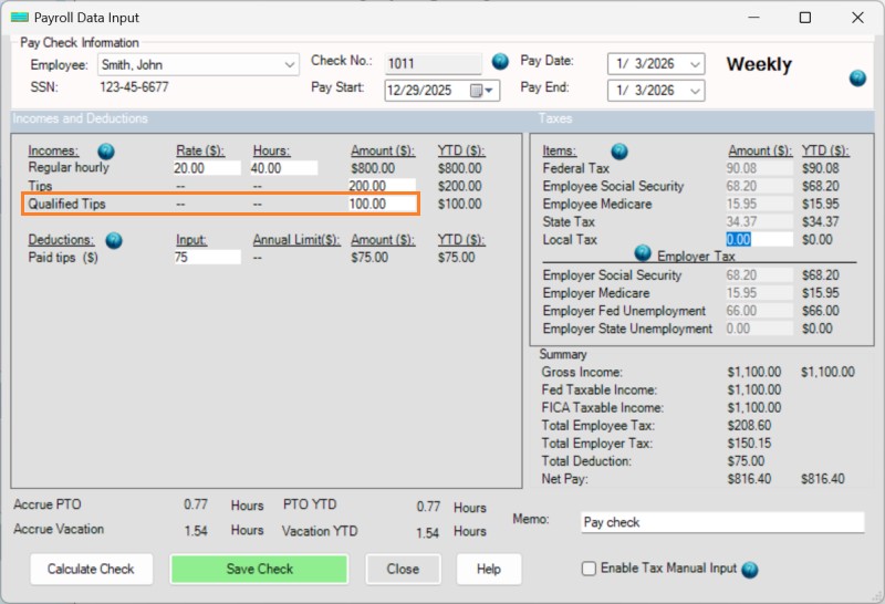 ezPaycheck qualified tips paycheck