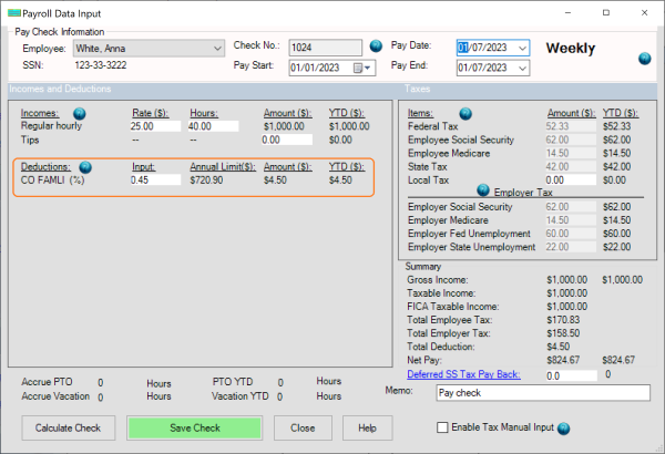 add paycheck with CO FAMLI deduction