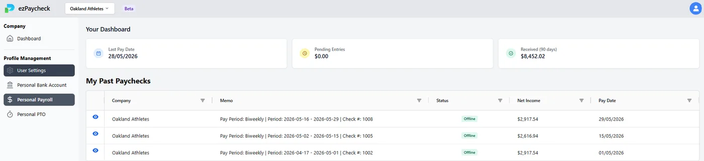 Employee portal listing past paychecks with net income and pay dates