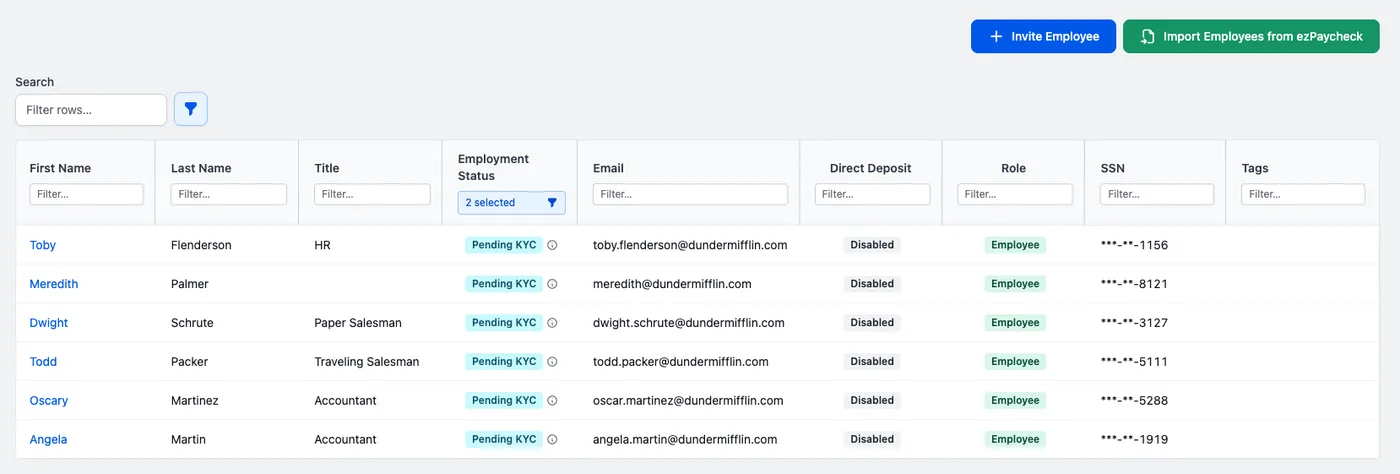Employee list in the Direct Deposit Portal with Invite Employee and Import Employees from ezPaycheck buttons