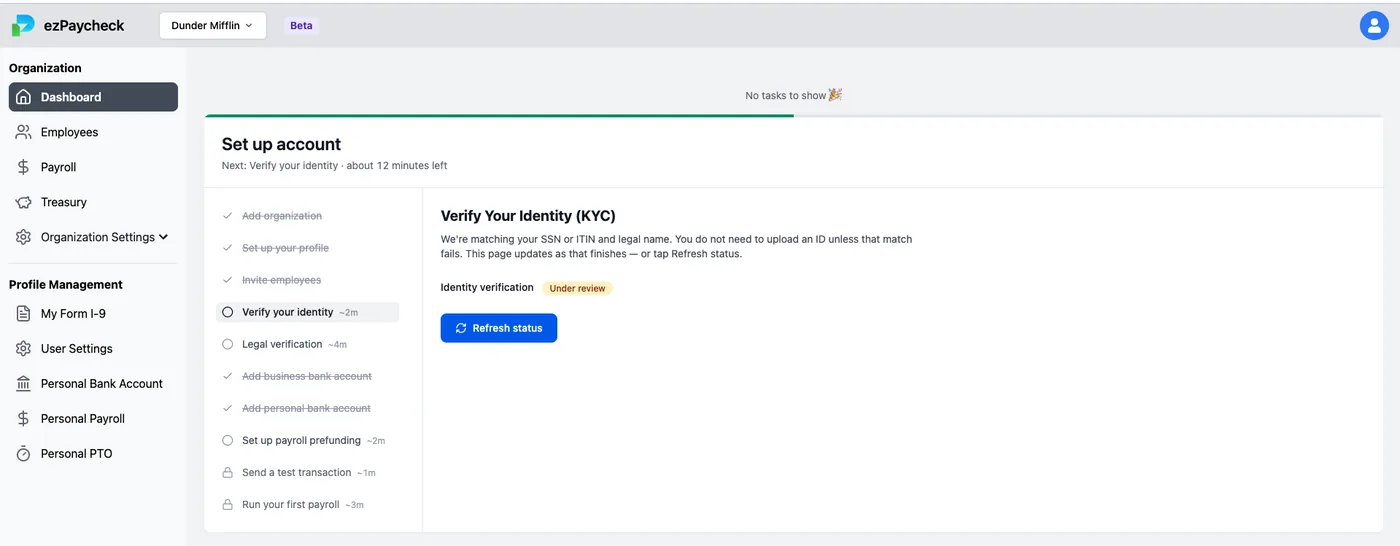 Direct Deposit Portal dashboard with the account setup checklist