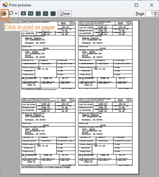 print preview W2 forms in 4-up format