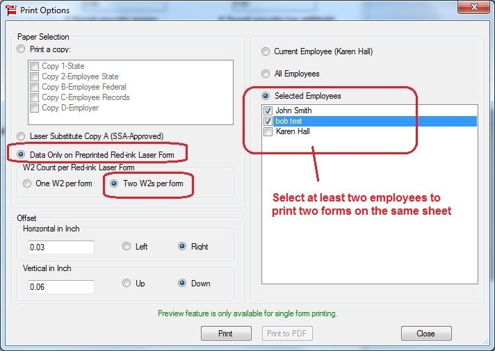 print W-2 form on red sheet