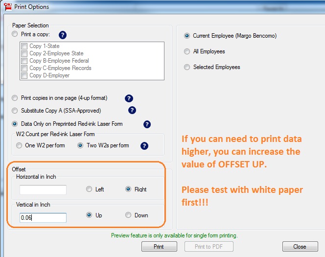 W2 form printing alignment